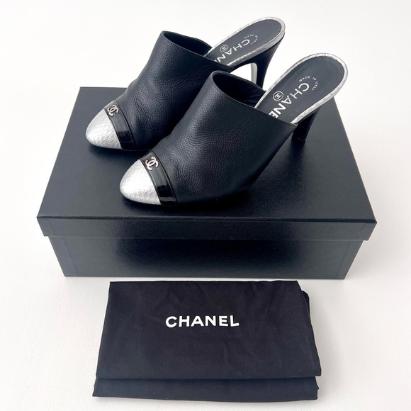 CHANEL Shoes - CHANEL | Black Leather Pointed High Heel Mules CC Logo Silver Scales EU 37.5